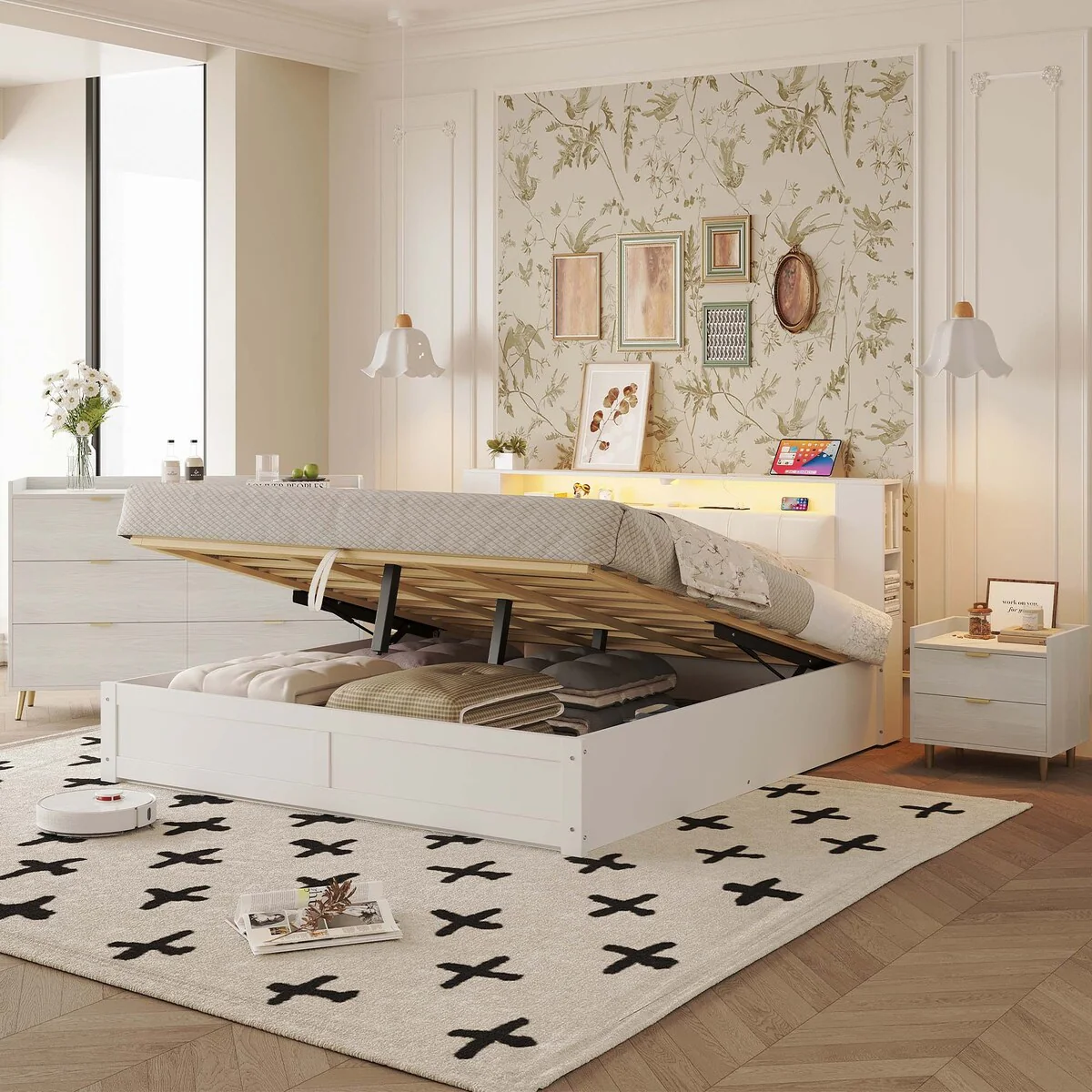 4-Pieces Bedroom Sets Queen Size Upholstered Bed with Nightstands and Storage Ottoman