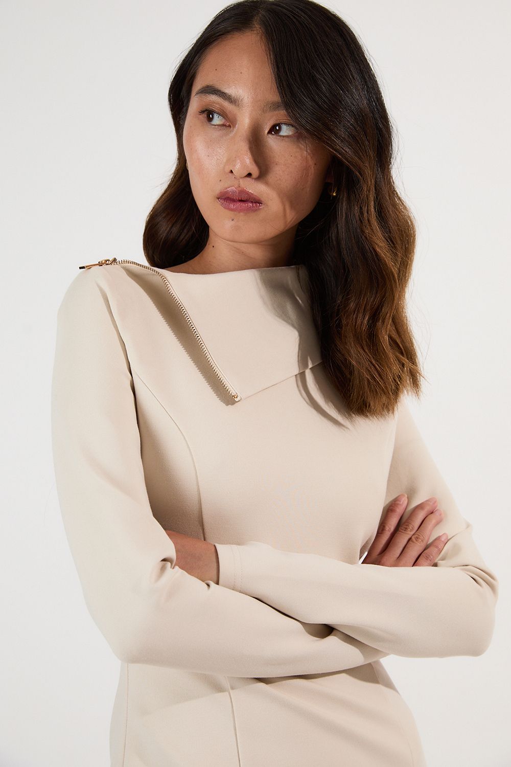 KarenMillen Ponte Envelope Neck Dress With Zip Split Detail