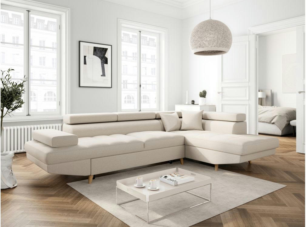 RIO SCANDI - Canapé angle droit convertible, coffre tissu - Gris foncé - Pieds bois