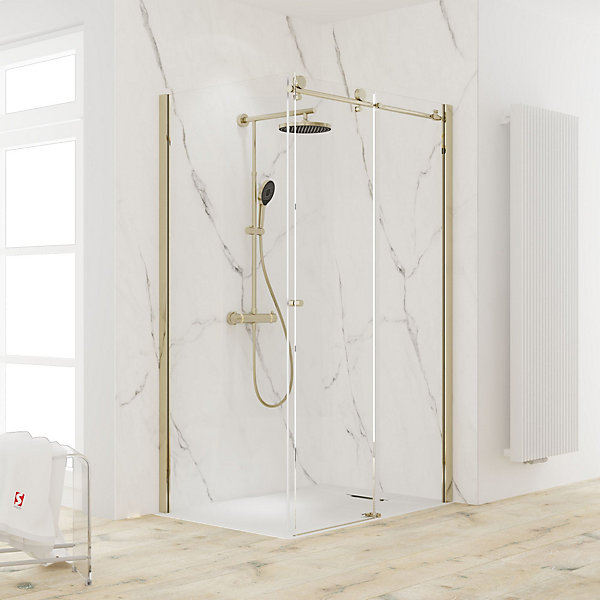 Colonne de douche thermostatique avec pommeau   douchette   flexible   barre réglable, coloris doré, Schulte Rain