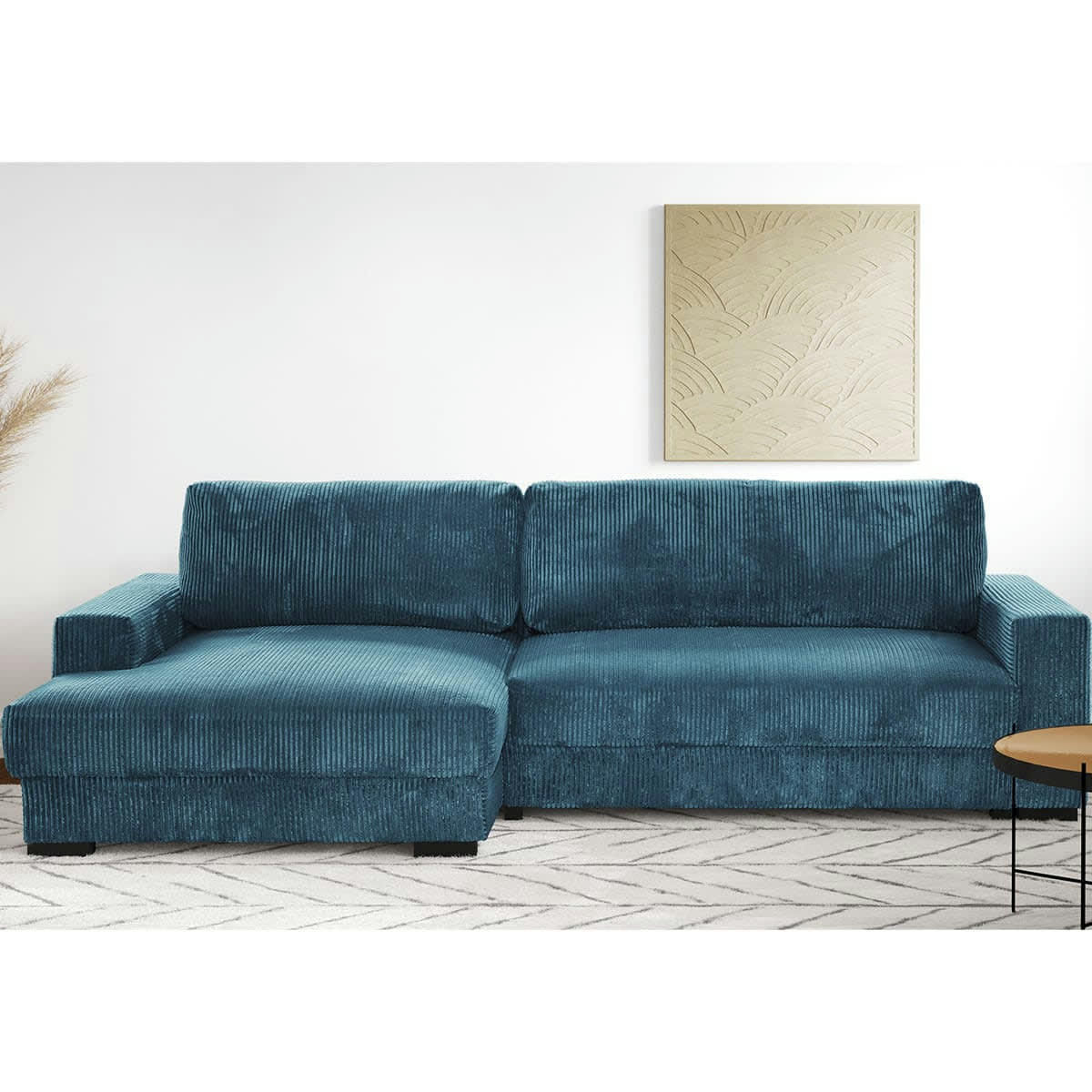 ARTY - Canapé d'angle à gauche convertible 3 places en velours côtelé bleu