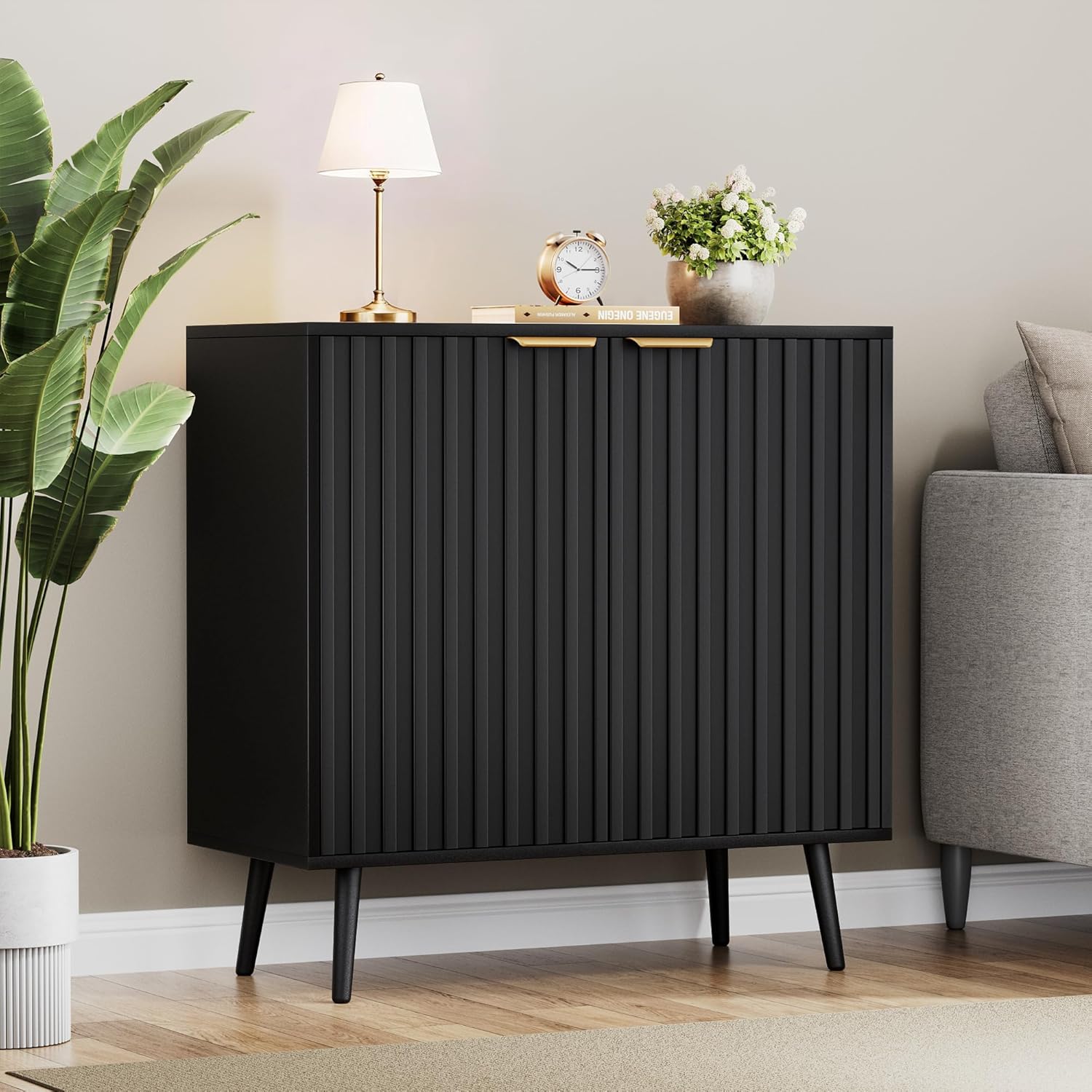 Black Fluted Buffet Cabinet, Free Standing Sideboard with Storage, Wood Accent Cabinet with Doors & Shelf, Modern Credenza, Sideboard Buffet Cabinet for Living Room, Dining Room(1, Black)