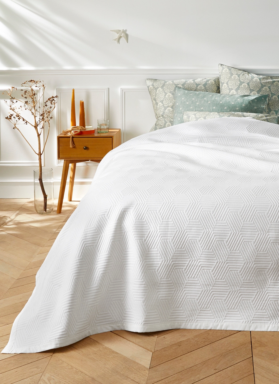 JETÉ DE LIT JACQUARD EN COTON MOTIFS GÉOMÉTRIQUE BLANC