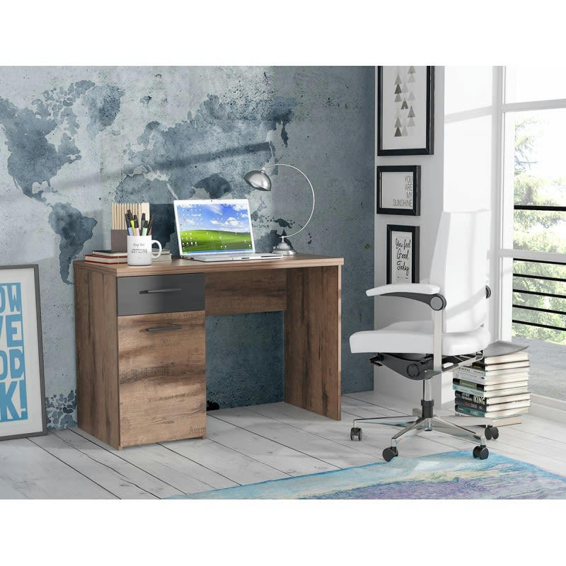 JULES - Bureau marron 1 porte et 1 tiroir décor vieux chêne