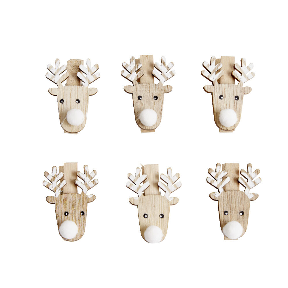 Mini pinces en bois No&euml;l forme de tête de renne 6 pièces