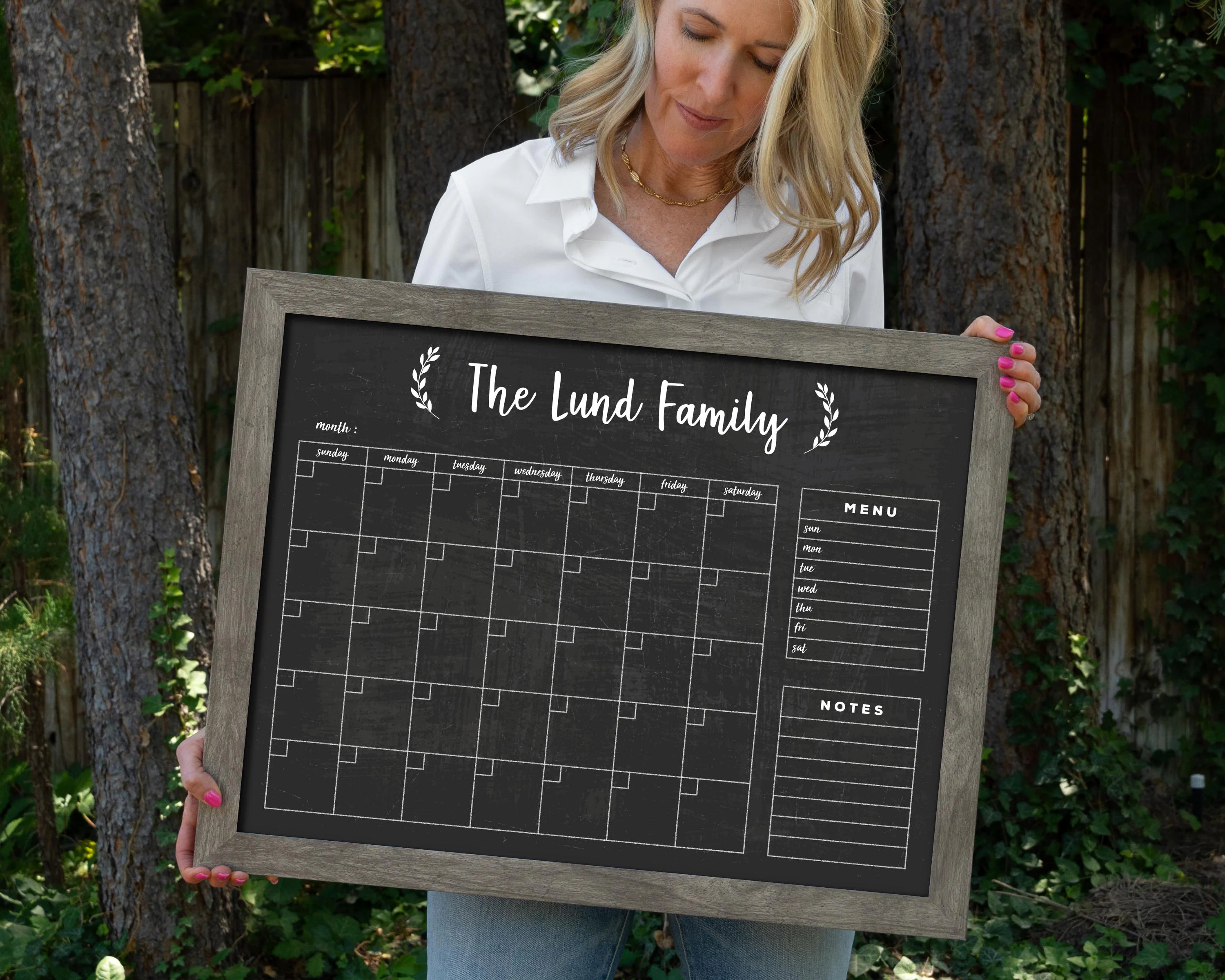 Dry Erase Calendar, Chalkboard Style Family Planner - Framed Acrylic Surface | Medium 18x24, Personalized
