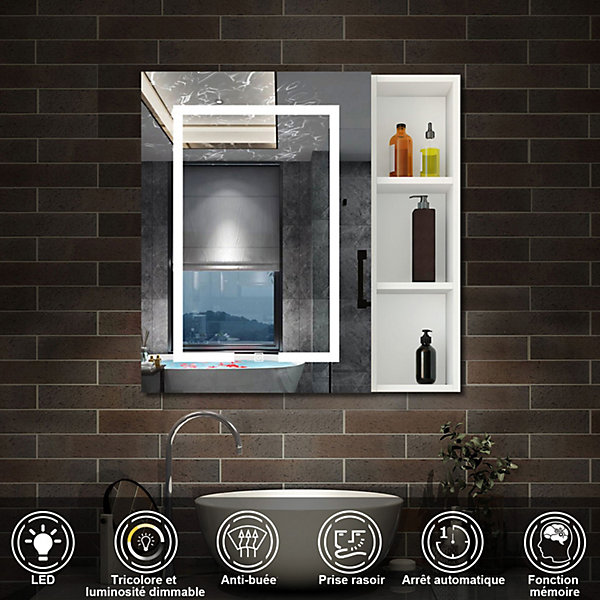 Armoire de toilette avec Miroir LED et étagère Latérale, Anti-Buée, éclairage 3 Couleurs   Prise USB, Blanc 60x70 cm