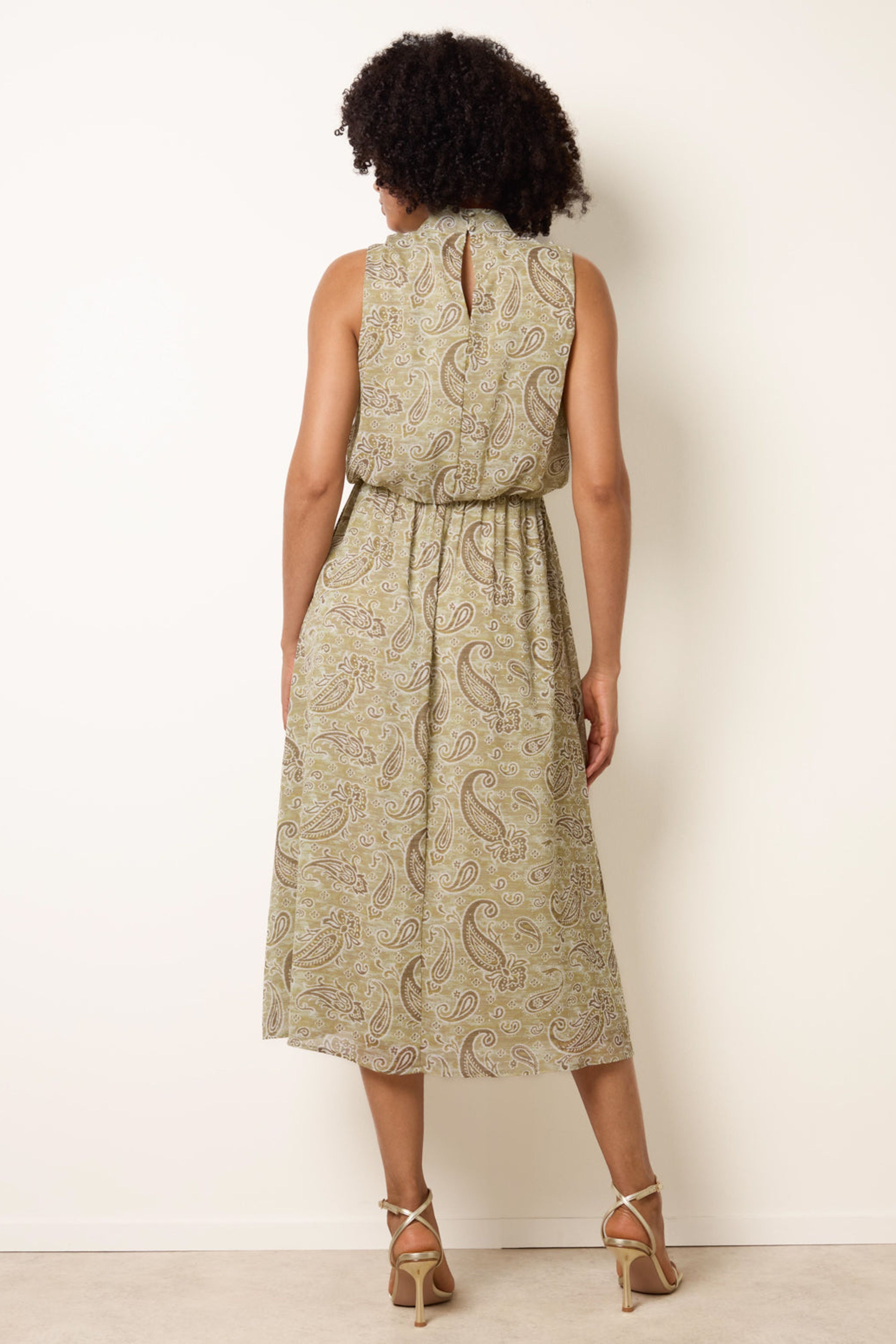 Blue Vanilla Khaki Paisley Print Rhinestone High Neck Midi Dress
