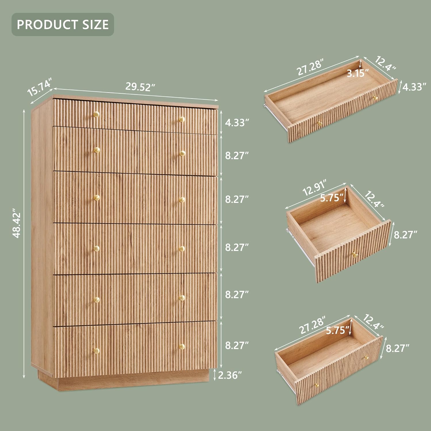 Fluted Dresser for Bedroom, 48 H 7 Drawer Dressers, Wood Tall Dresser Storage Organizer, Modern Bedroom Chest with Deep Storage for Closet Hallway, Entryway, Living Room Natural