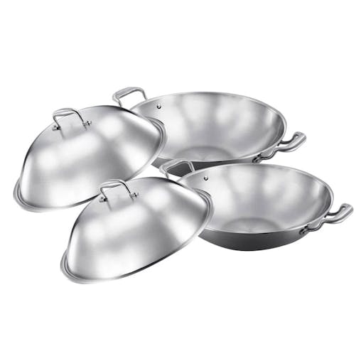 SOGA 2X 3-Ply 38cm Stainless Steel Double Handle Wok Frying Fry Pan Skillet with Lid