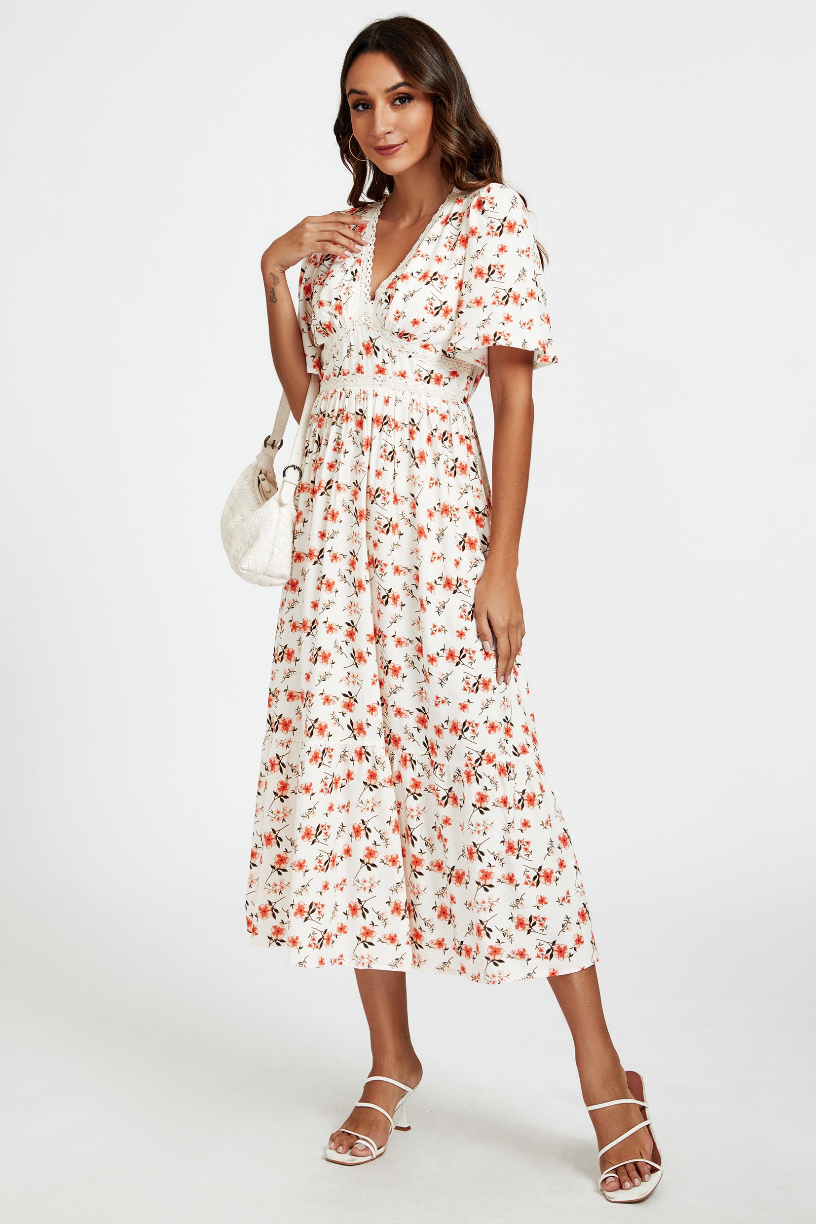 FS Collection Red Floral Print Lace Detail Angel Sleeve Midi Dress In Cream