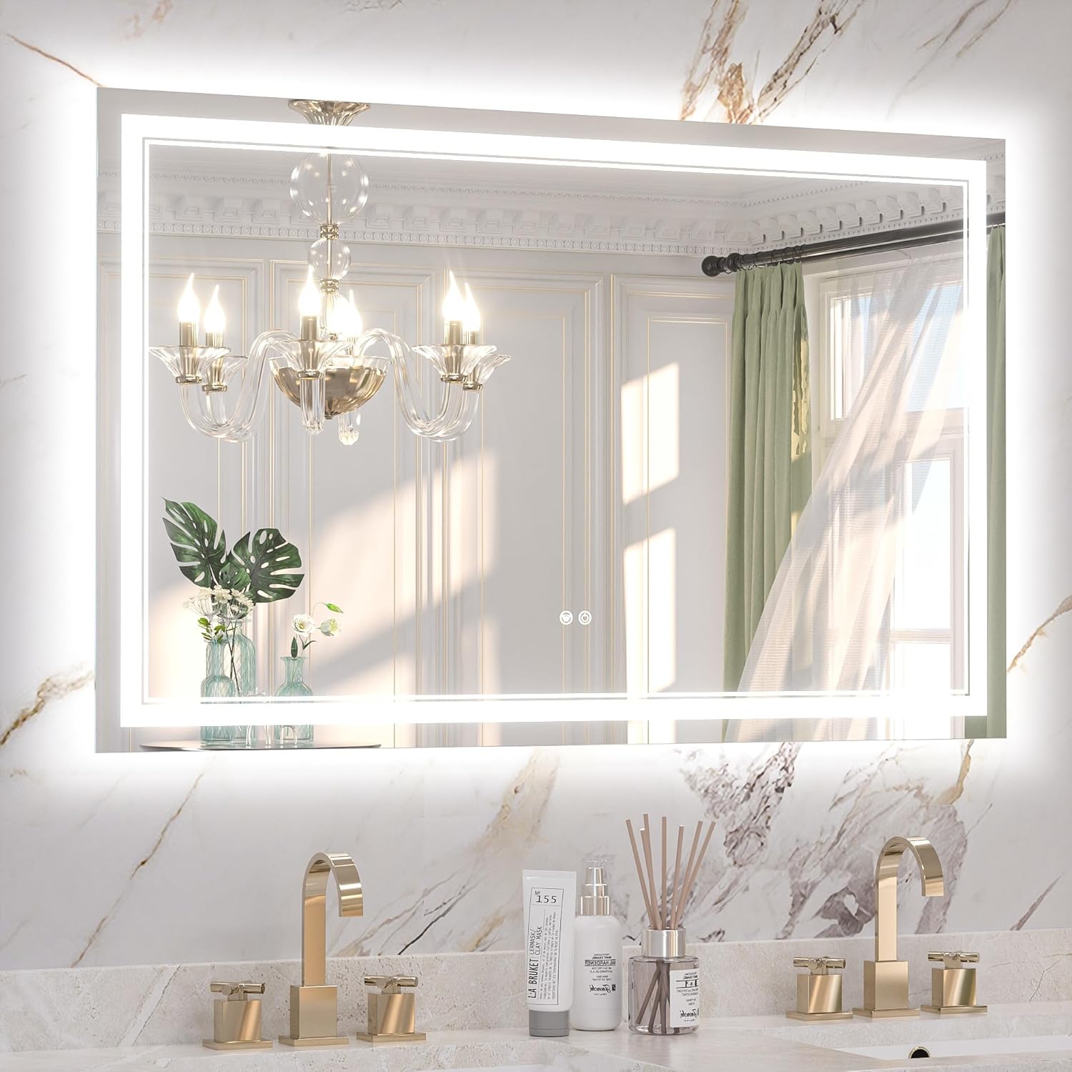 Keonjinn 48 x 30 Lighted Bathroom Mirror, Frontlit & Backlit Frameless LED Mirror, HD Tempered Glass, Quick Defogging, 3 Color Lights, Dimmable, UL-Listed LED Driver, Wall-Mounted Vanity Mirror