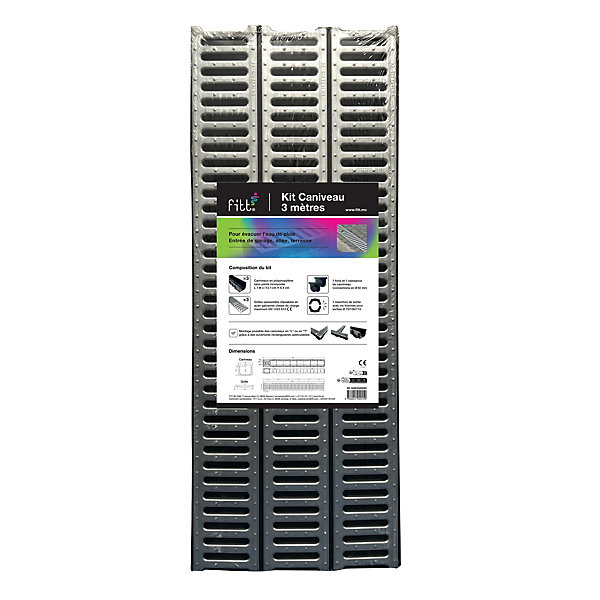3 Caniveaux en lot PP noir avec grille en acier galvanisé 300 x 12 cm