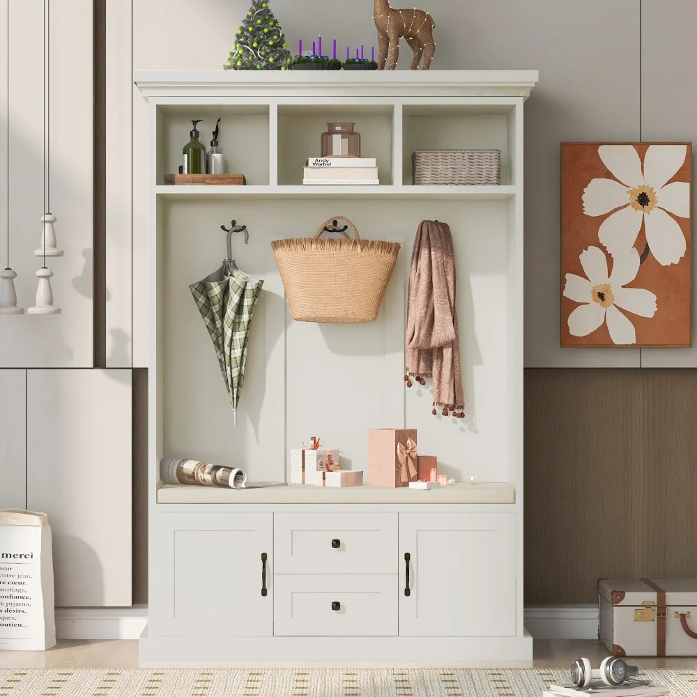 3-in-1 Design Beige Coat Racks 3 Hooks/Entryway Bench/Storage Bench