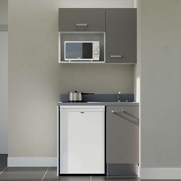 Kitchenette K00 - 100 cm - façades Gris - Plan monobloc en quartz coloris Cromo évier à droite - Electroménager Blanc