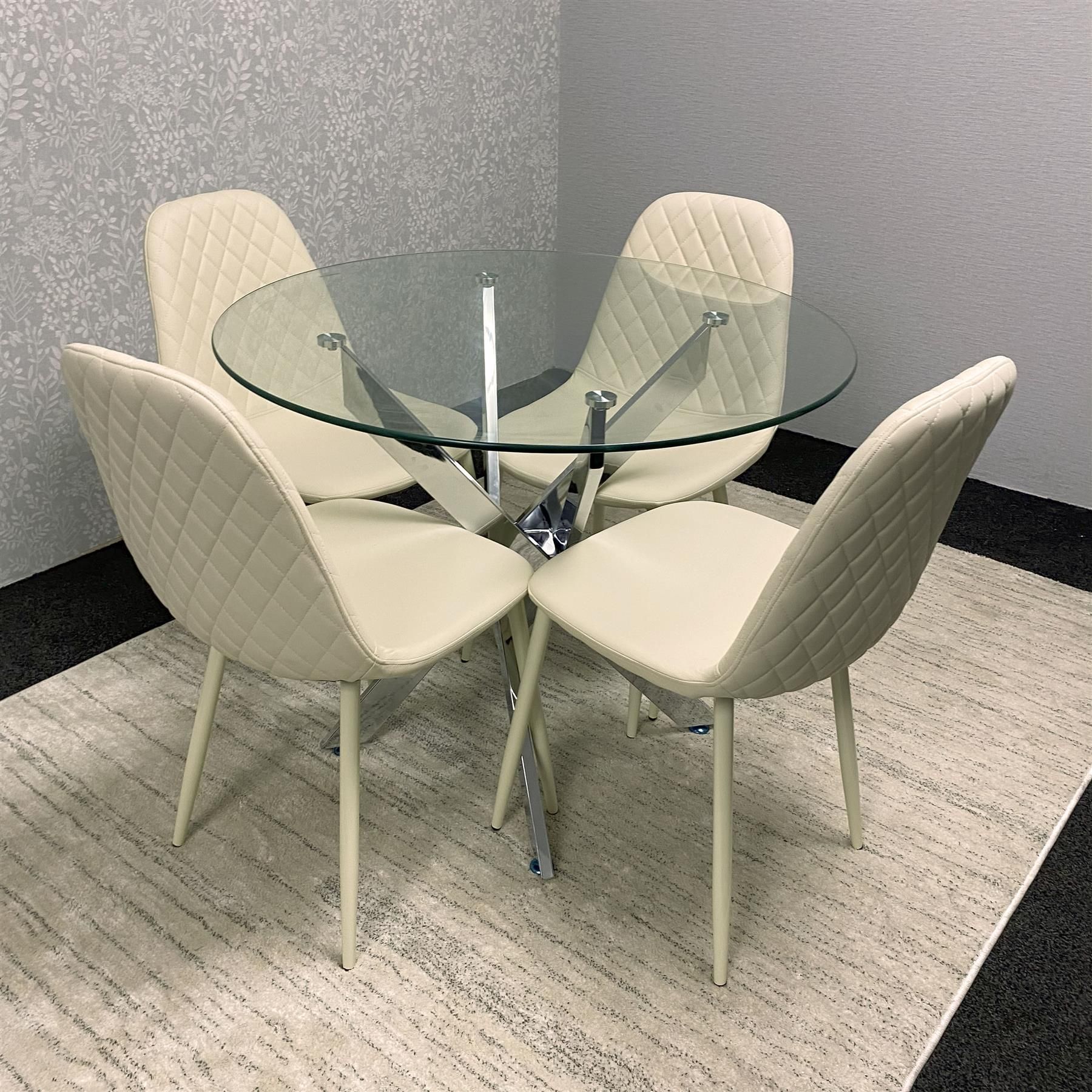 KOSY KOALA Modern Round Glass Dining Table Set With 4 Cream Gem Pattern Chairs