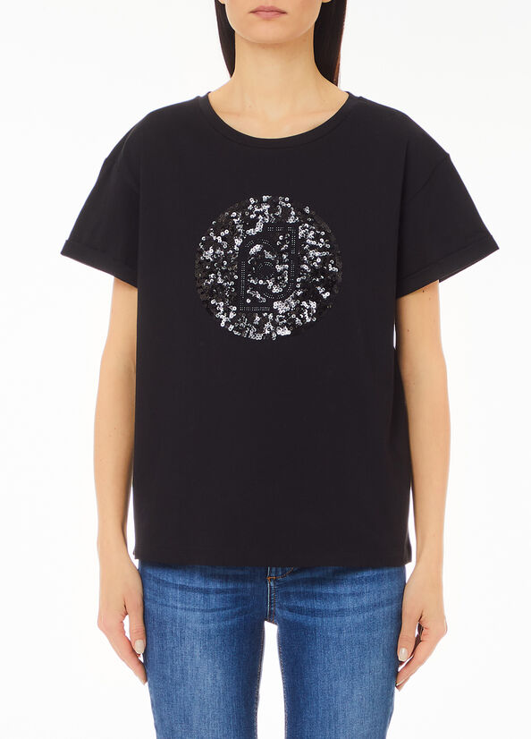 T-shirt con logo e paillettes