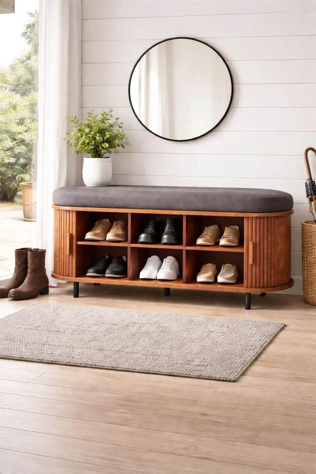 Shoe Storage Bench with Cushion, Mid Century Modern Entryway Bench, Sliding Door Shoe Cabinet, Padded Seat Shoe Rack,Storage Bench