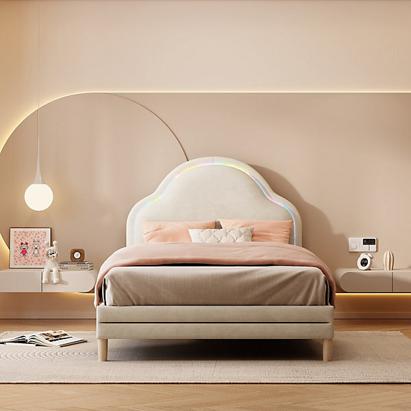 Lit 90x200 cm avec tête de lit en forme de nuage, led multicolores intégrées et revêtement en velours beige