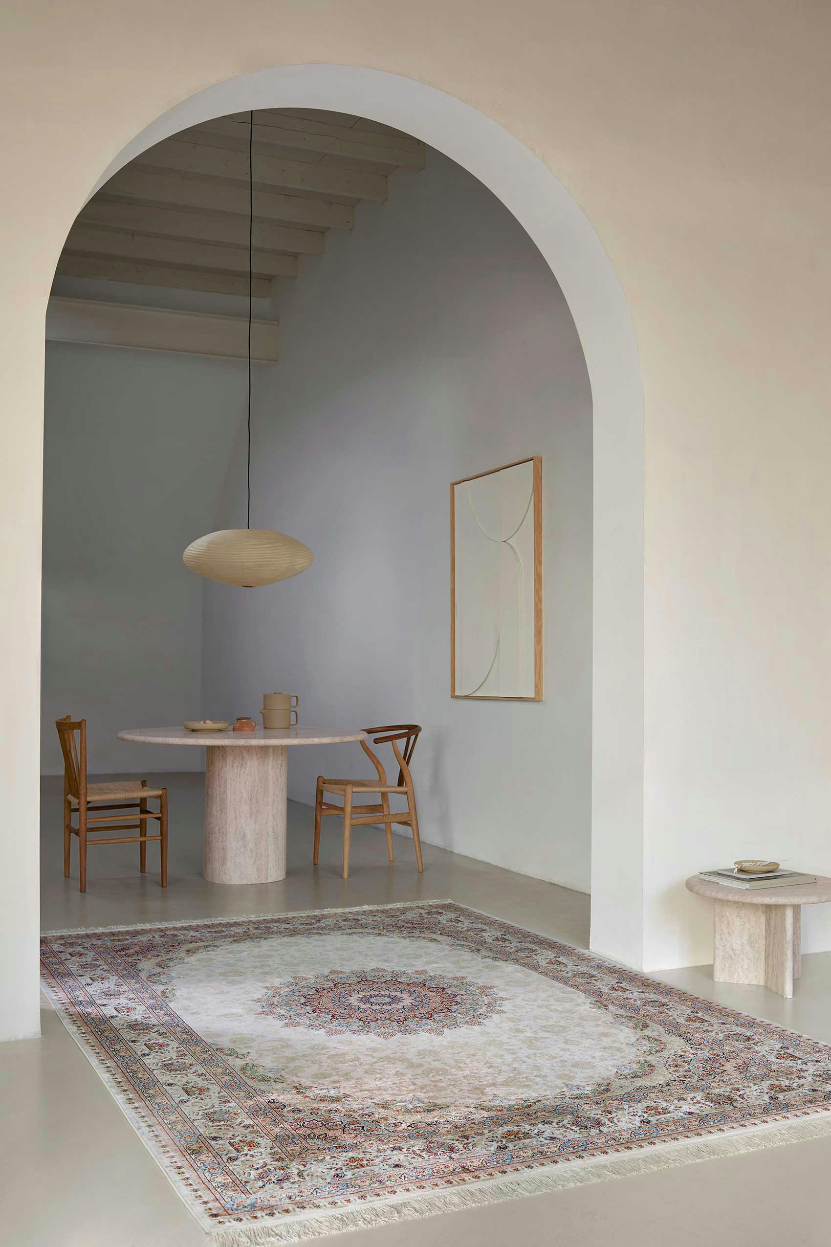 TÄBRIZ - Tapis tissé fin vintage beige de très grande qualité soyeux 290x200