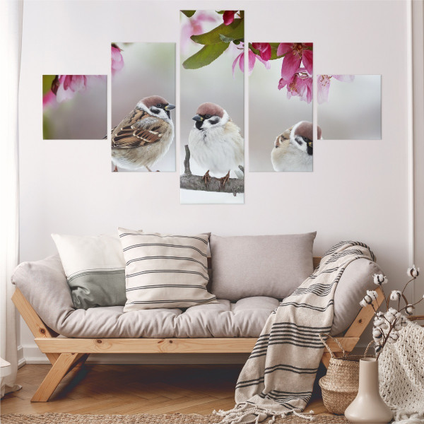 Obraz Ścienny 5-Częściowy Ptaki Pośród Kwiatów 150x90cm