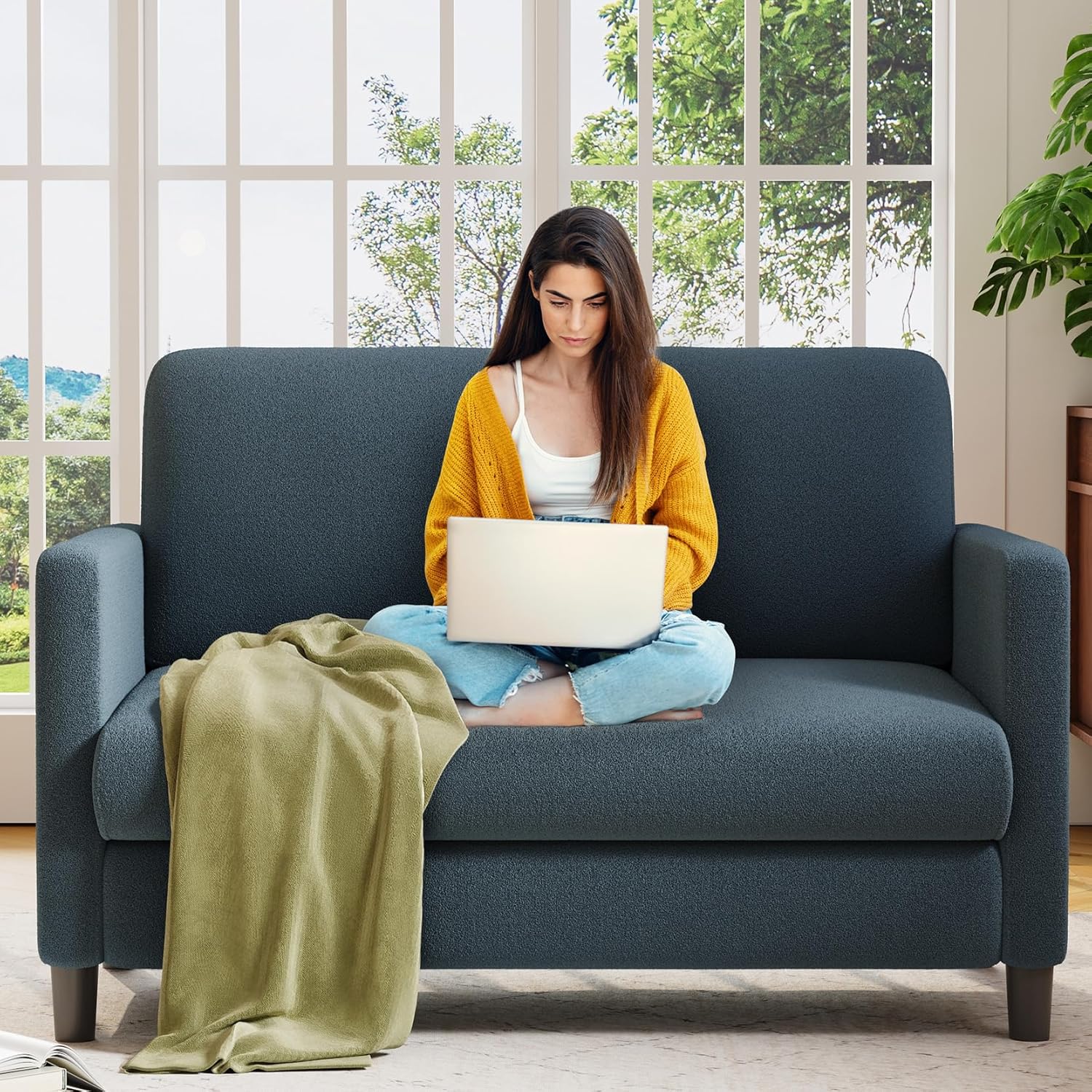 Welzona Loveseat, 51 Small Couch, Comfy Teddy Love Seat for Living Room, Tool-Free Setup Loveseat Sofa for Small Spaces, All-Wood Small Sofa Couch for Bedroom, No Pillow Included, Blue Grey