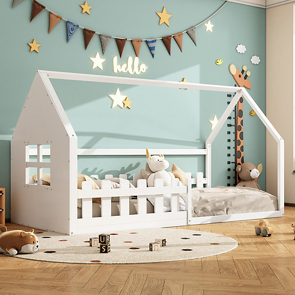 Lit Cabane 90 x 200 cm - Lit enfant avec Barrières de Sécurité - Pin   MDF - Sans Matelas - Blanc
