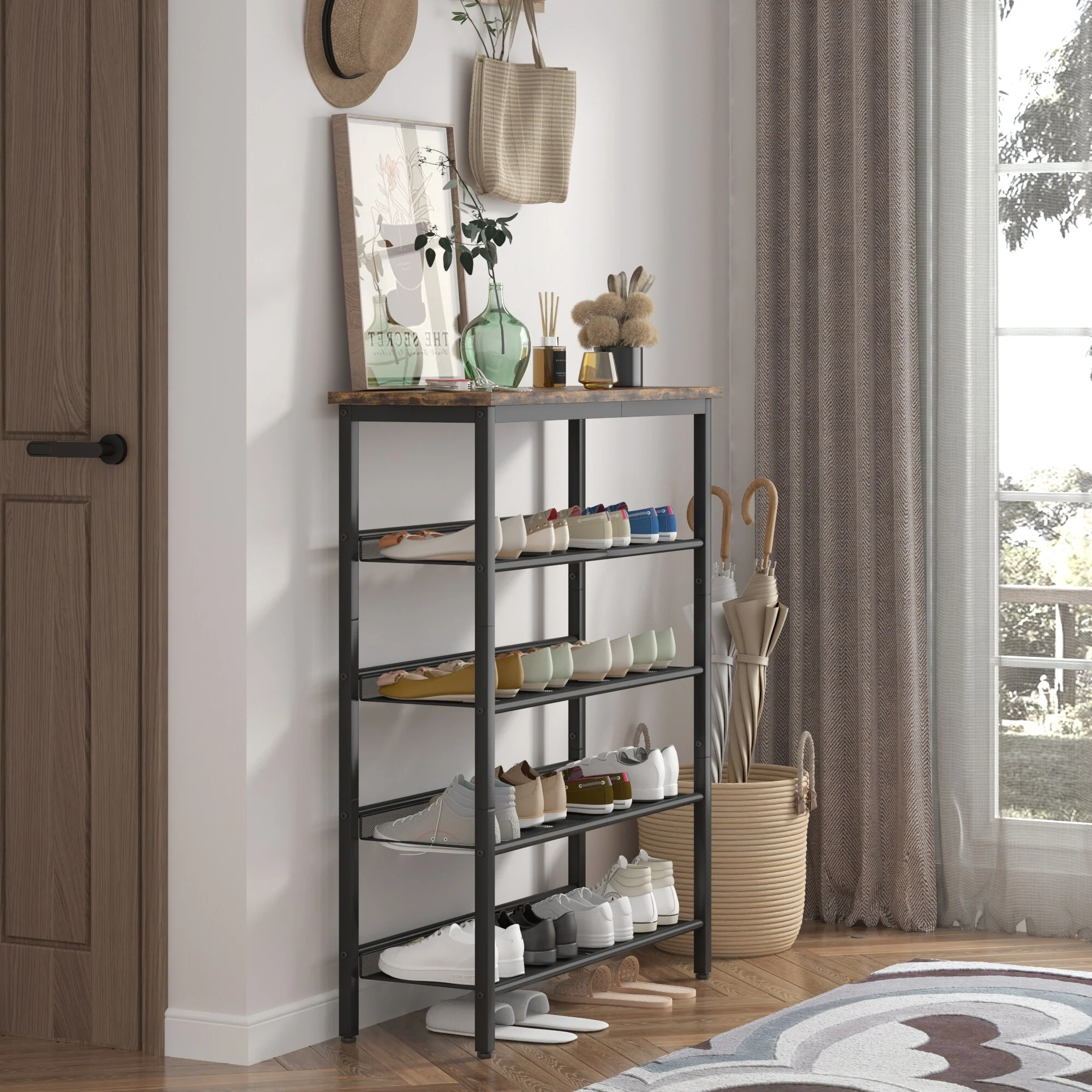 Adjustable 5-layer Shoe Rack with 4 Mesh Shelves