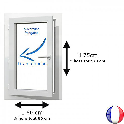 Fenêtre PVC 1 vantail H 75 x L 60 cm OF pour pose en neuf avec poignée - tirant gauche