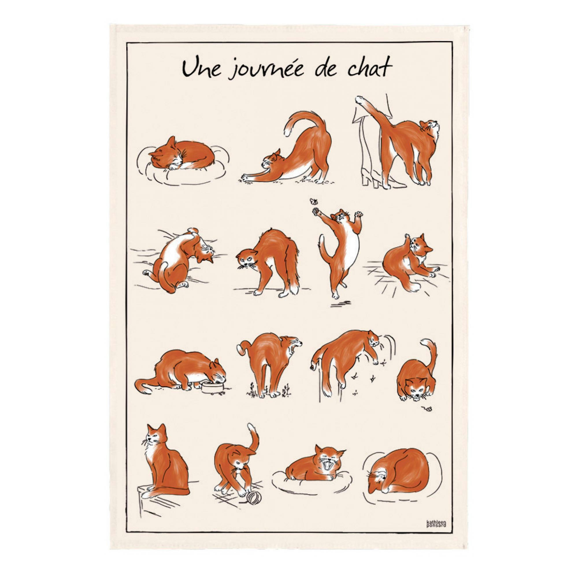 GENERIQUE - Torchon imprimé journee de chat en coton ecru 48 x 72