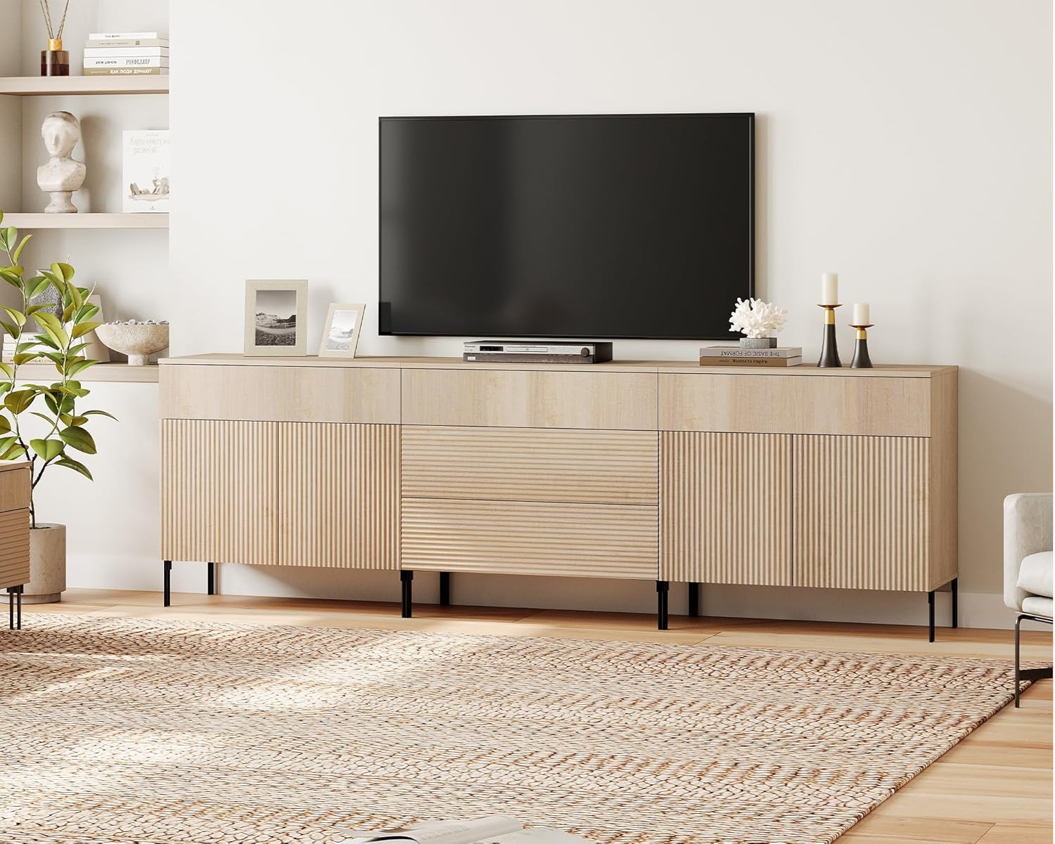 WAMPAT Fluted TV Stand for TVs up to 100 inchs, 3 in 1 Modern Entertainment Center with Storage Cabinets and 5 Drawers & 4 Doors, Wood Media TV Console Table with Storage for Living Room, Beige