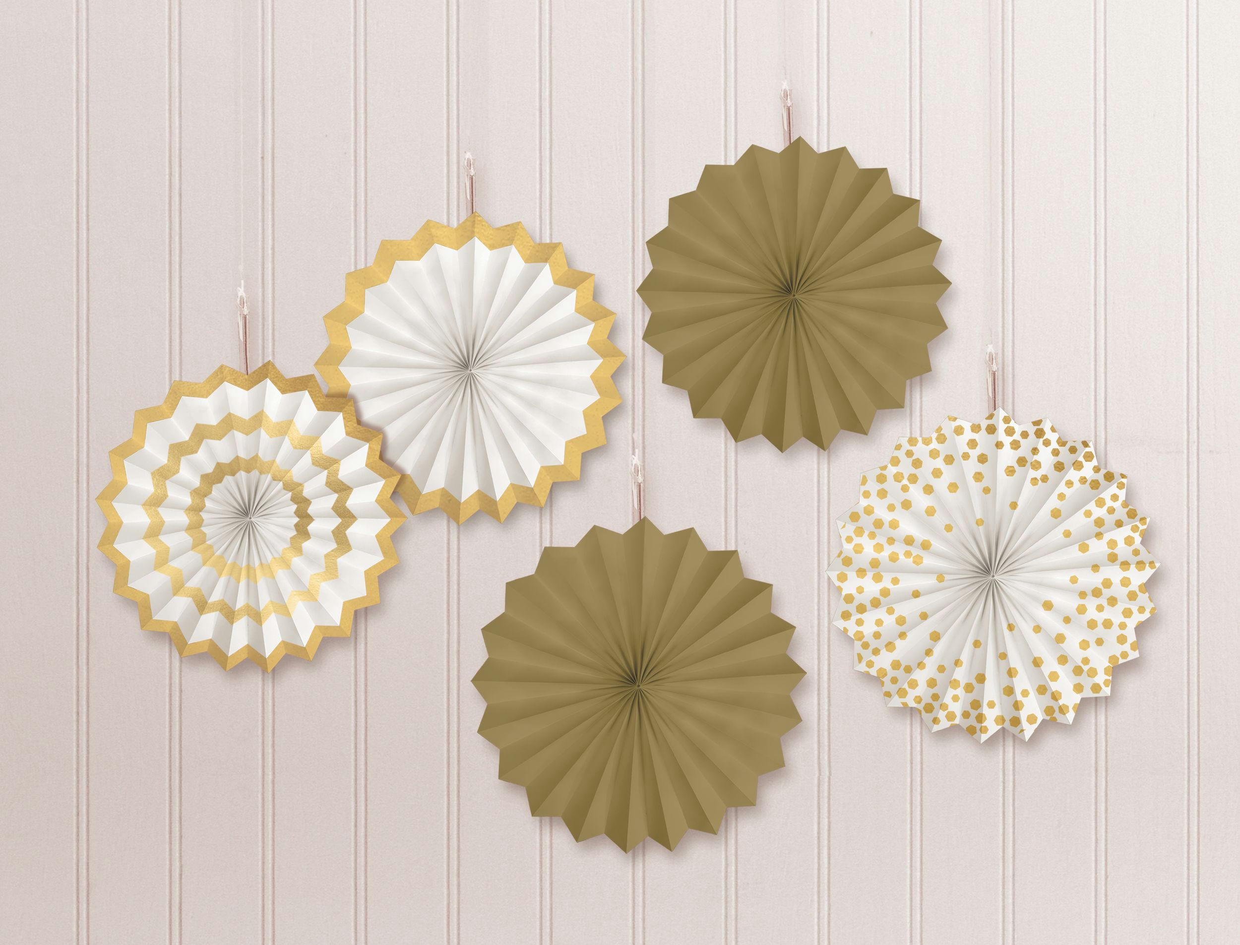 Mini Gold Patterned Paper Fan Decorations, 5-ct