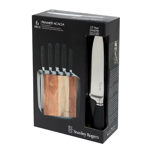 Stanley Rogers Framed Acacia Knife Block 6 Piece 41413 Wood Block & Steel Knives