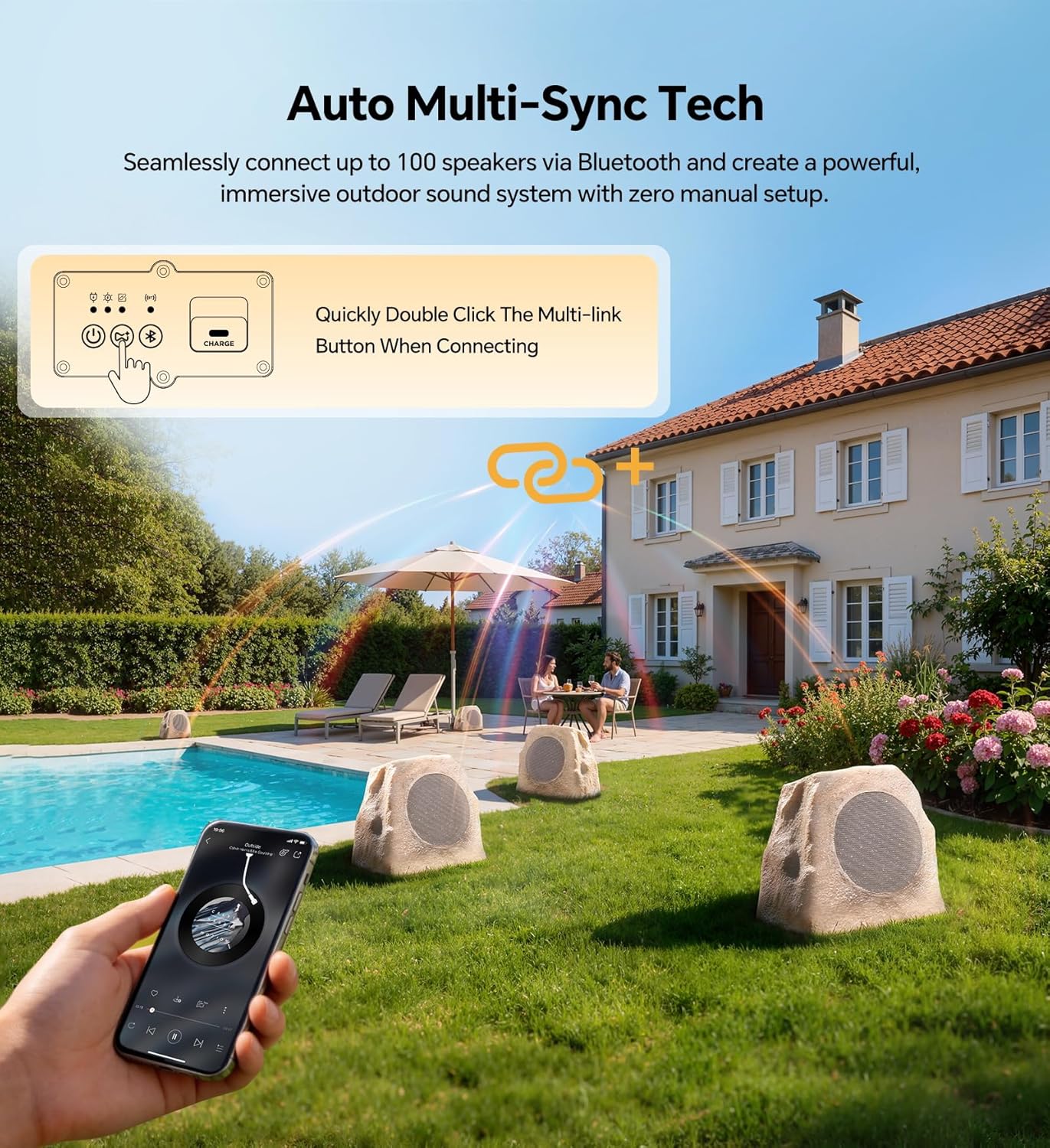 Upgraded Outdoor Rock Speaker 30W Deep Bass Multi-Sync up to 100Pcs, Remote Control, IPX7 Waterproof Solar-Powered with LED Lights Perfect for Pool, Garden, Patio, Ideal for Music Lovers - 1 Pack