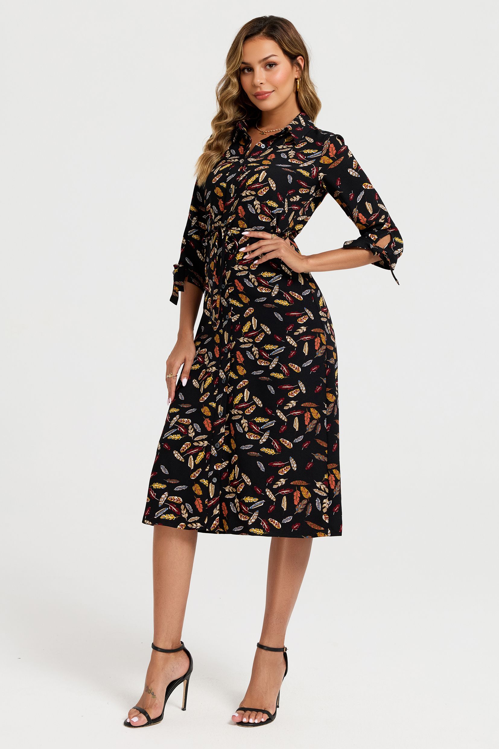 FS Collection Leaf Print Tie On Sleeves Midi Shirt Dress In Black