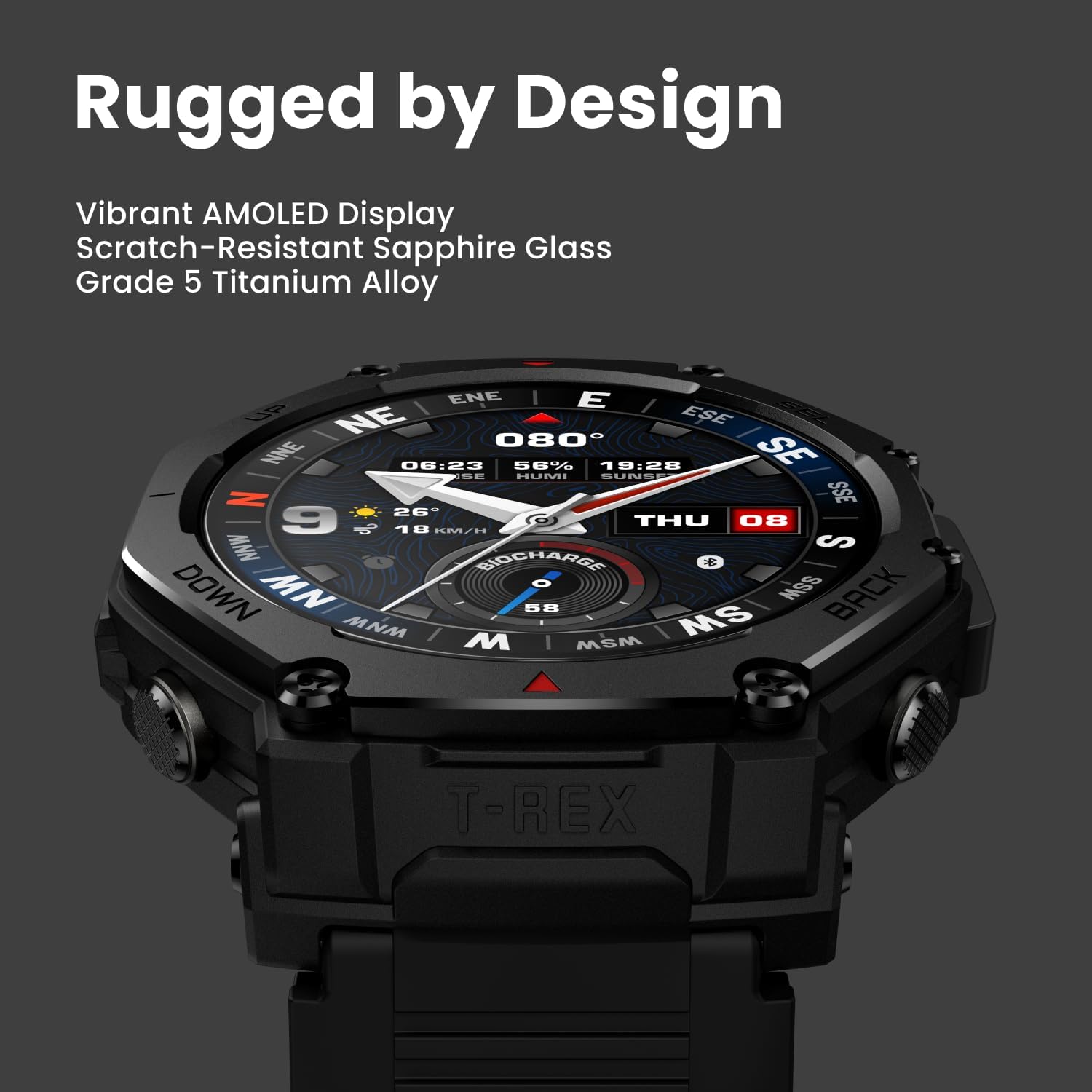 Amazfit T-Rex 3 Pro Outdoor Smart Watch 48mm Sapphire AMOLED Display  Ti Bezel  Dual Band GPS  Offline Maps  25 Days Battery  Built-in Flashlight  10 ATM  180+ Sports Mode for Android & iPhone  Black