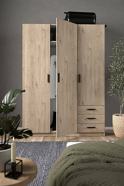 Garde-robe 3 portes Simeon, Meubles de chambre, Penderie de plain-pied, Placard à vêtements, 147x50 h200 cm, Chêne clair
