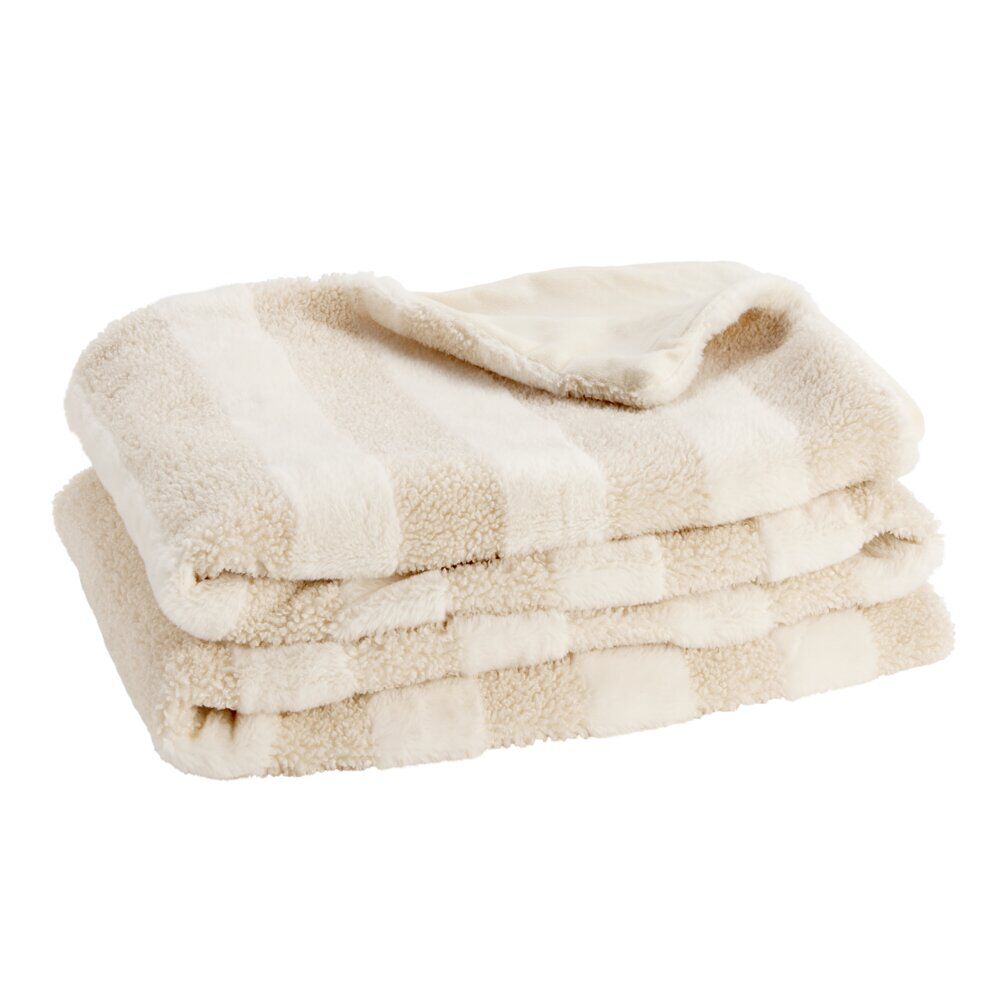 Plaid Teddy fourrure beige et blanc 130x190cm (2 modèles damier ou rayures)