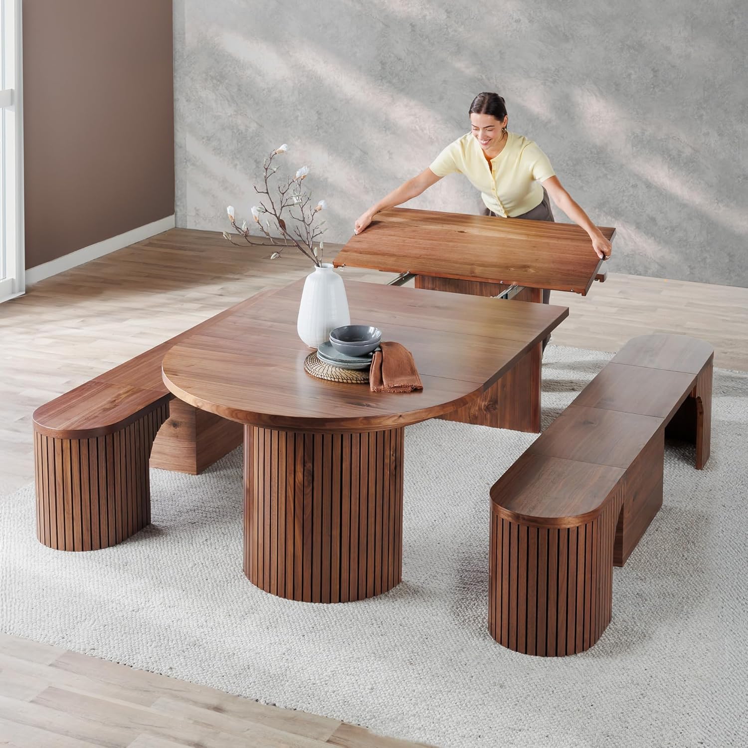 Transformer Table - Solid Wood Extendable Round Dining Table Set, Expandable Dining Table, Elegant and Functional Design, Perfect for Dining Room, Royal Brown (Table + 2 Benches)