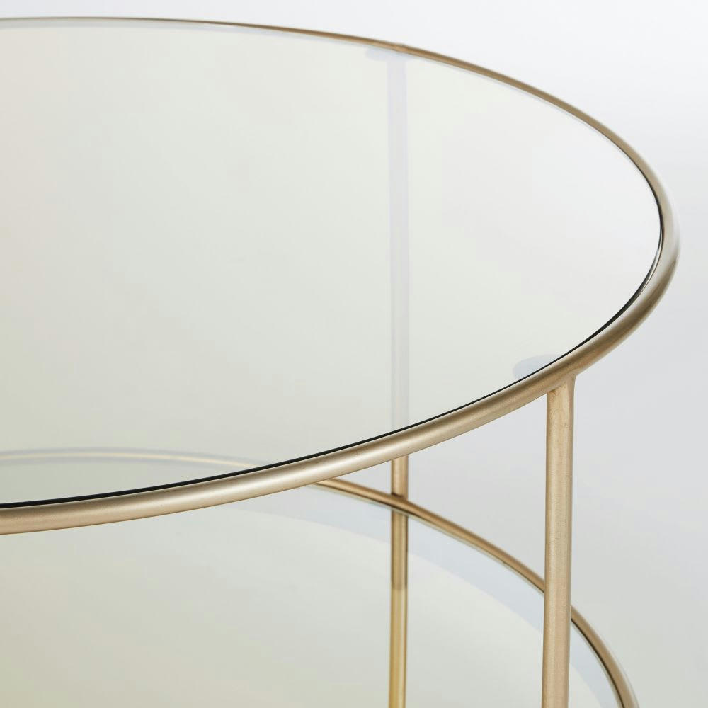 Agosti - Table basse ronde 2 plateaux en métal coloris laiton rosé et verre trempé