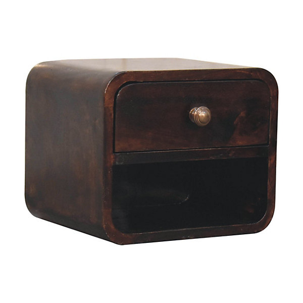 Artisan Furniture Bois massif Mini courbé noyer de Californie table de chevet à fixation murale avec niche ouverte, 1 tiroir