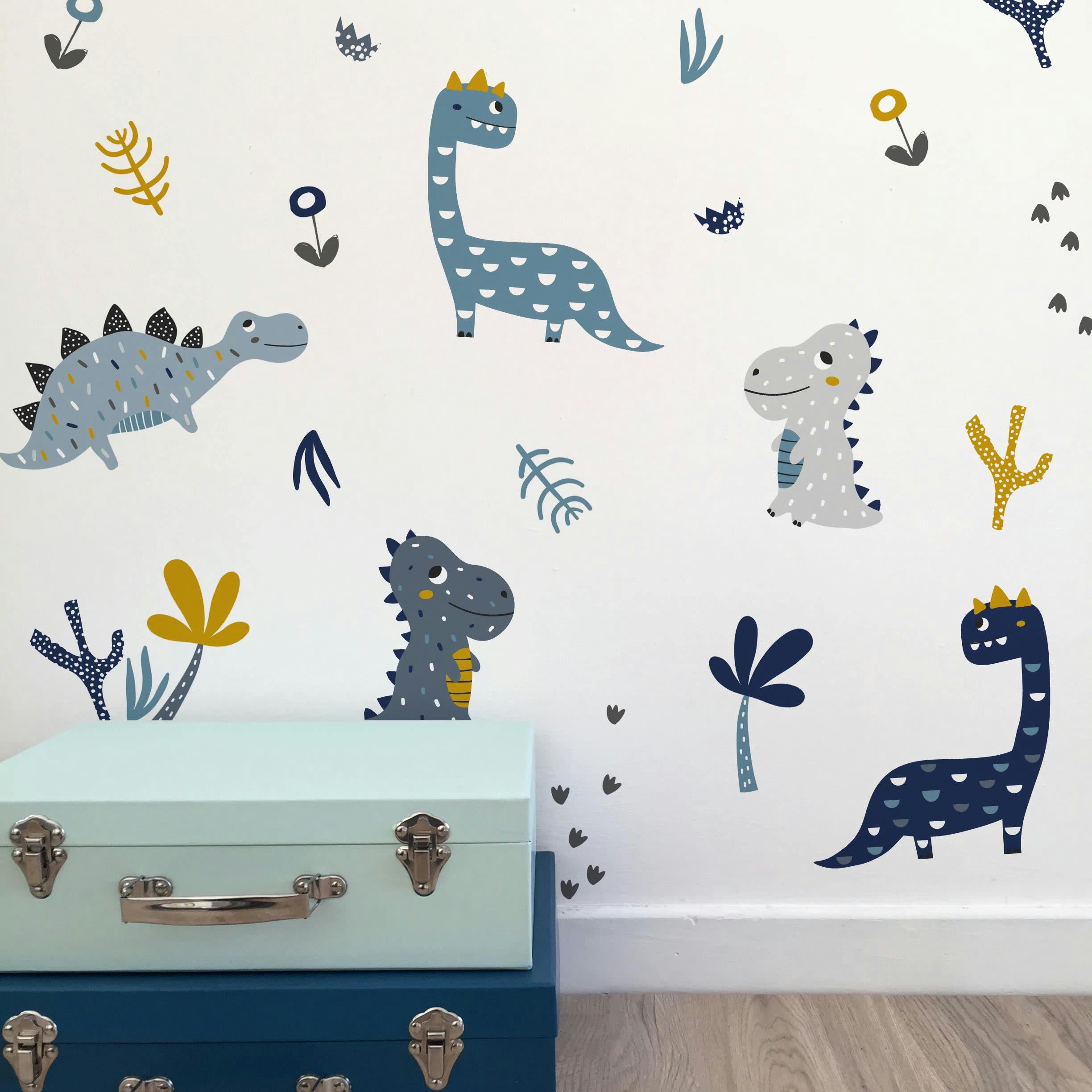 DINOS - Stickers muraux en vinyle dinosaures bleu et moutarde