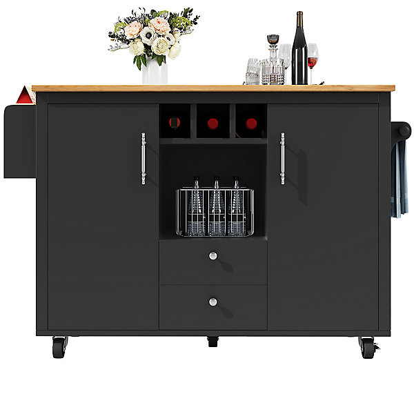 Îlot cuisine 120x73x92cm blanc/noir, rabattable étagères roulettes