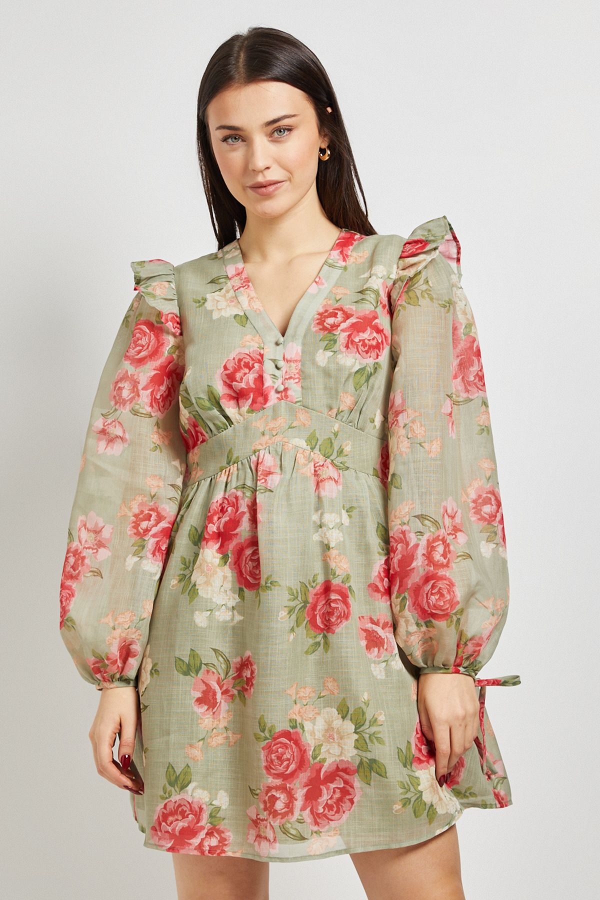 Dorothy Perkins Green Floral Printed Frill Detail Blouson Sleeve Mini Dress