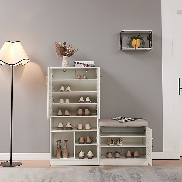 Meuble à chaussures Loeten avec banquette MDF 120 x 120 x 37 cm blanc en.casa