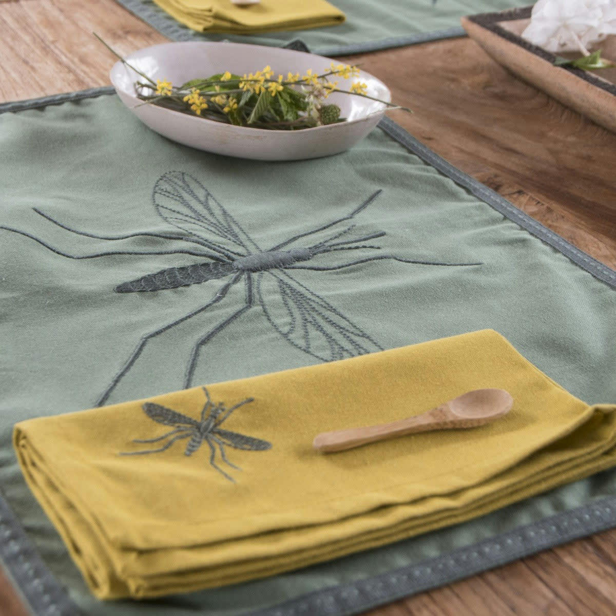 MOSQUITO - Serviettes de table (x4) coton  45x45 jaune / vert kaki