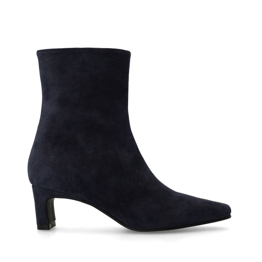 Manfield Donkerblauwe suède enkellaarsjes met hak
