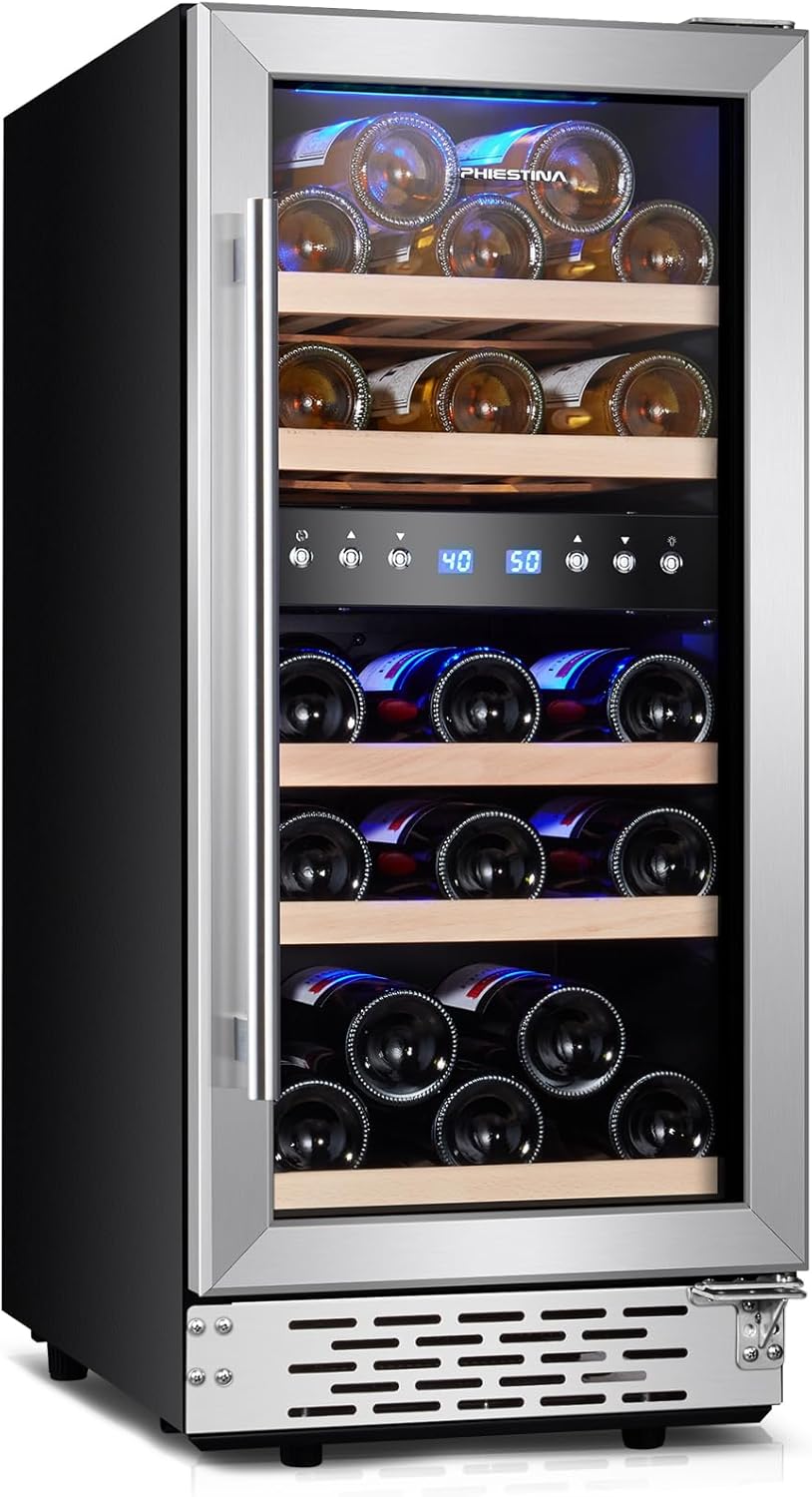 Phiestina 29 Bottles Wine Fridge, 15 Inch Dual Zone Wine Cooler Refrigerator Under Counter Cooling with Digital Memory, Auto Defrost Built-in/Freestanding