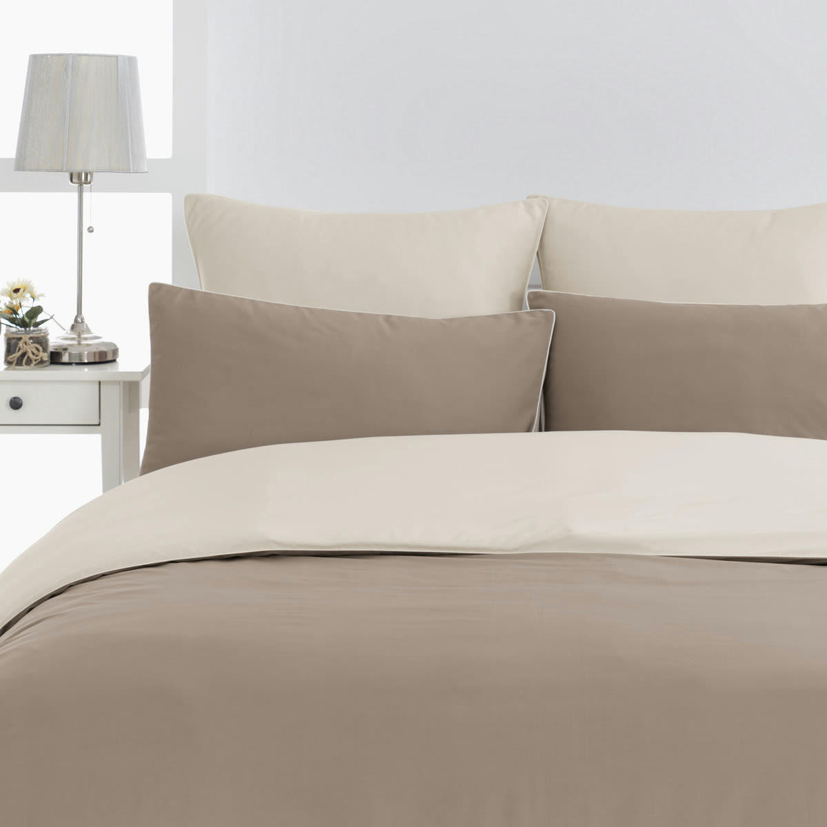 DOZMARY - Housse de couette bicolore en percale coton  taupe/ficelle 140x200 cm