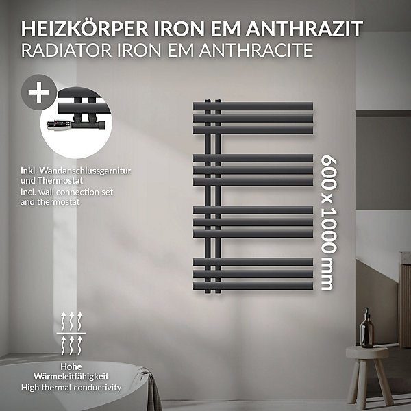 LuxeBath Radiateur de Salle de Bain Iron EM 600x1000 mm Anthracite Raccord Central